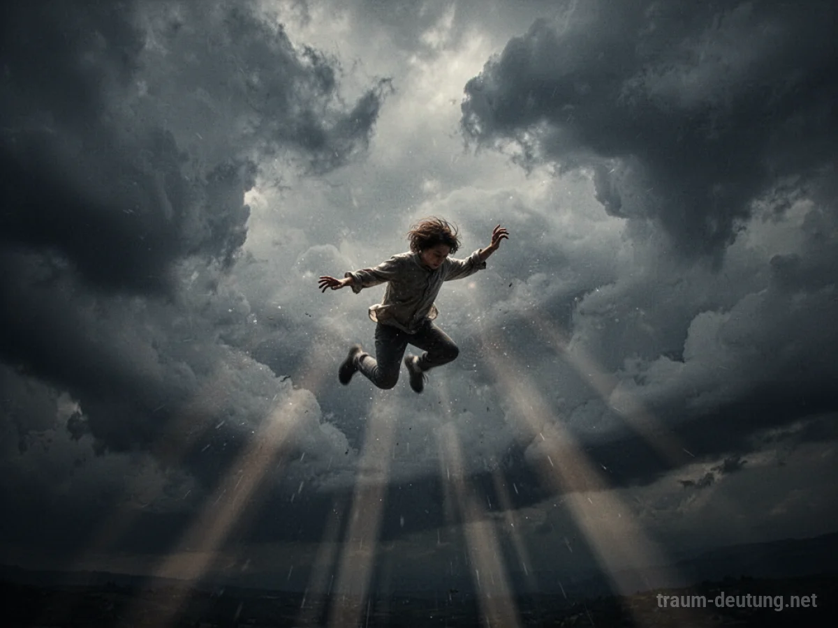Traumdeutung Fall: Eine einzelne Person stürzt sich durch wirbelnde, dunkle Wolken, beleuchtet von ätherischem Licht, das lange Schatten wirft.