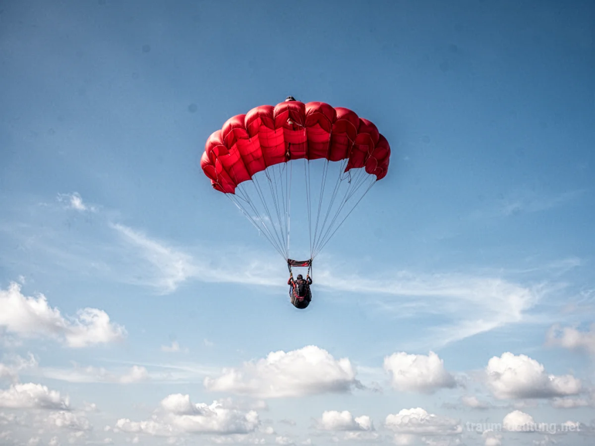Traumsymbol Fallschirm: Ein geöffneter, roter Fallschirm schwebt gemächlich durch einen weiten, blauen Himmel mit vereinzelten Wolken weit darunter.