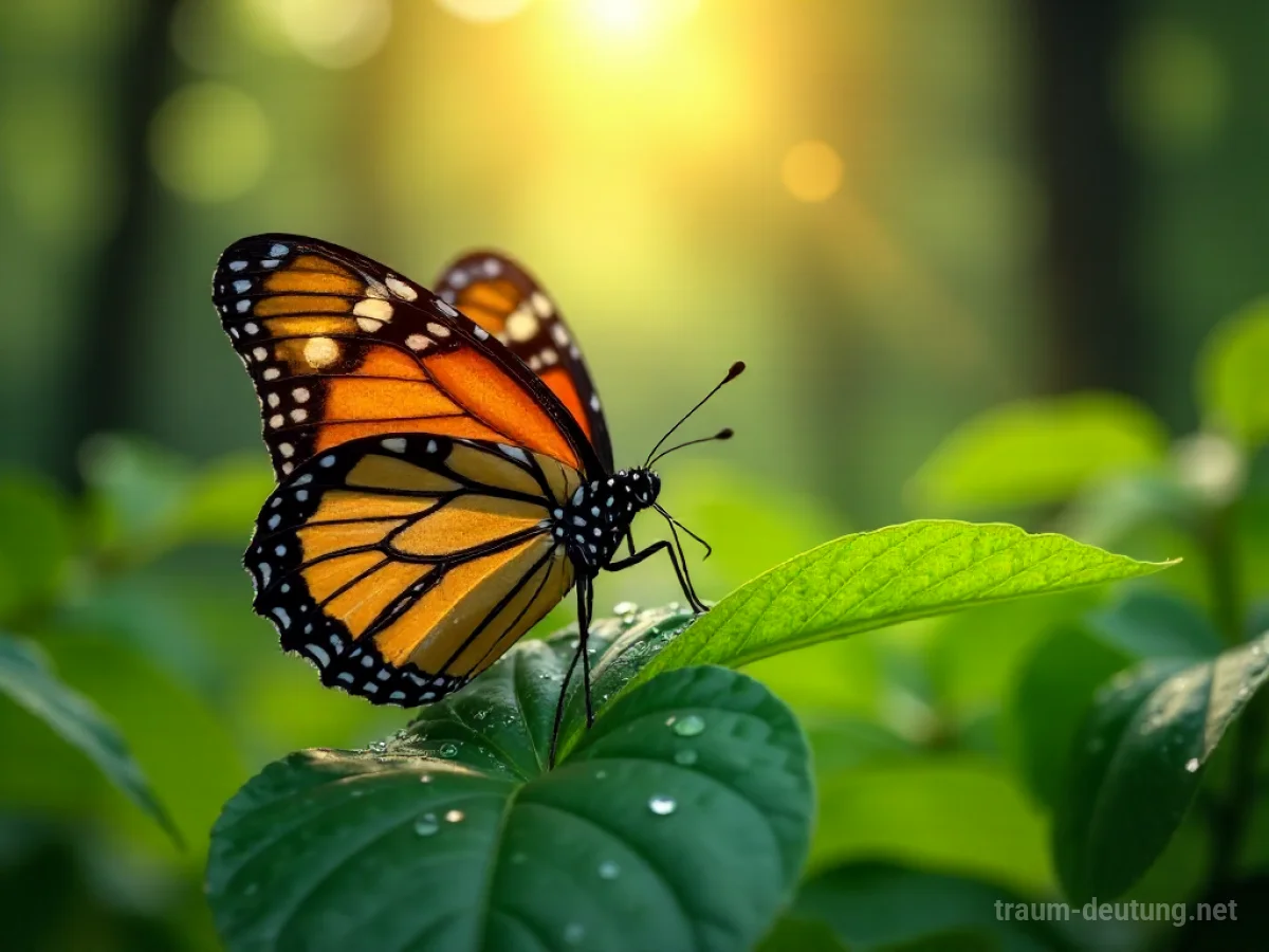 Traumsymbol Falter: Ein monarch-farbener Falter ruht auf einem taufrischen Blatt im Sonnenlicht eines Waldes.