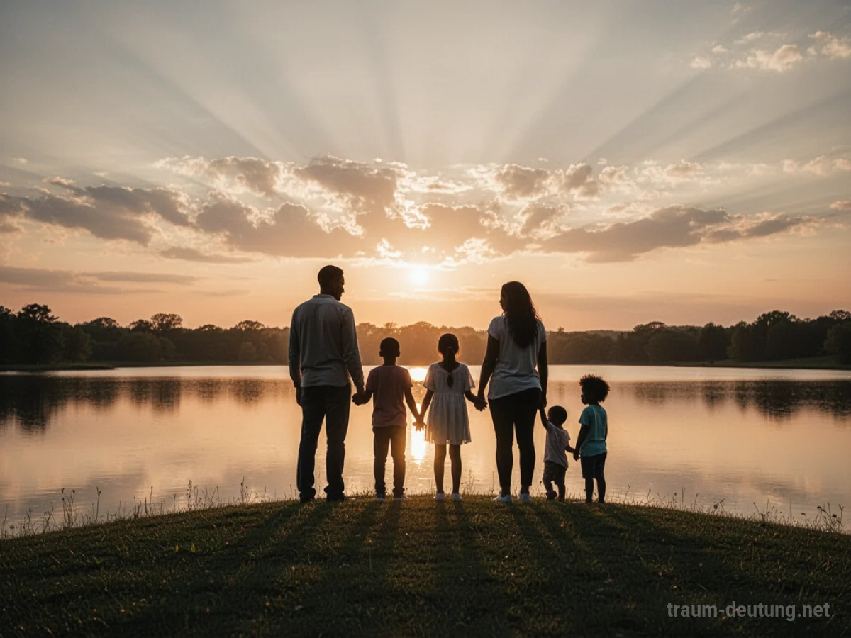 Traumsymbol Familie: Eine diverse Familie steht silhouettenhaft vor einem warmen, goldenen Sonnenuntergang und blickt über einen ruhigen See.