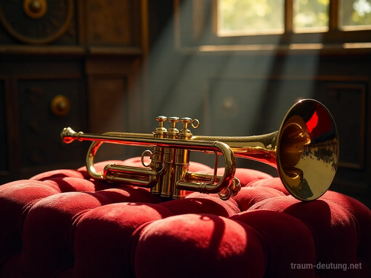 Traumsymbol Fanfare: Eine glänzende Messing-Fanfare liegt auf einem Samtkissen in einem schwach beleuchteten, opulenten Raum, umgeben von einer Atmosphäre der Erwartung.