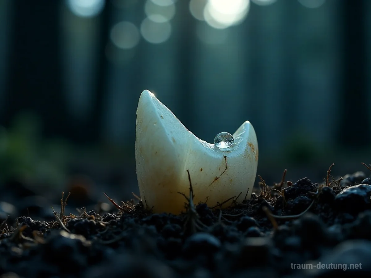 Traumsymbol Fang: Ein einzelner, spitzer, durchscheinender Eckzahn eines Wolfes glänzt mit einem Tautropfen vor einem dunklen, verschwommenen Waldboden im Mondlicht.