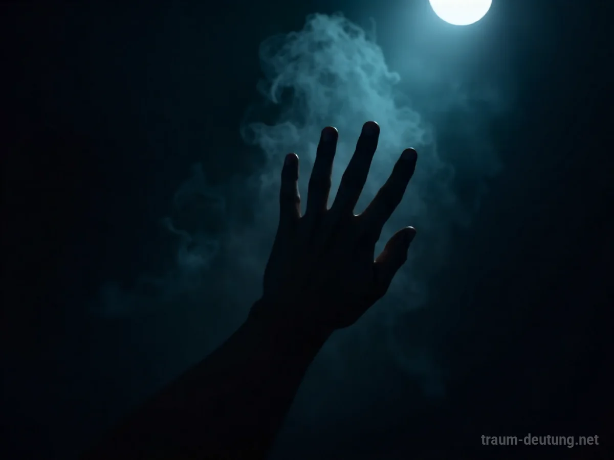 Traumsymbol Fangen: Eine dunkle, undeutliche menschliche Hand greift aus der Schwärze, beleuchtet von einem einzelnen Mondstrahl.