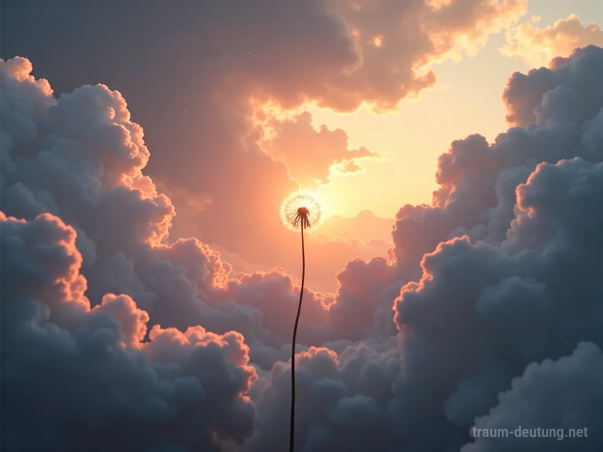 Traumsymbol Fantasie: Eine einzelne, leuchtende Pusteblumensamen schwebt in einer ätherischen Landschaft aus Nebeln und Wolken im sanften Licht.