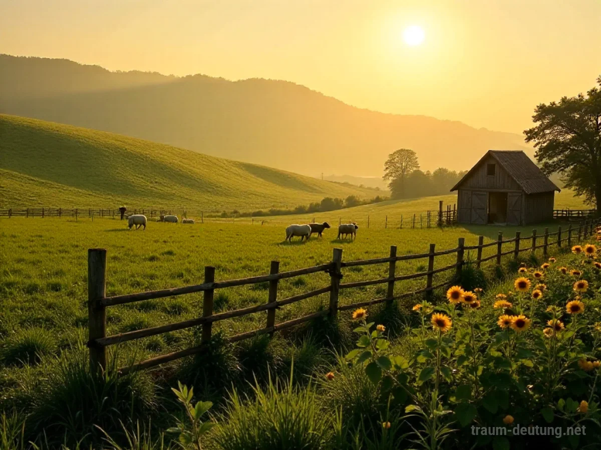 Traumsymbol Farm: Eine weitläufige, sonnenbeschienene Farm im Morgengrauen mit grünen Feldern, rustikalen Scheunen und reifem Gemüse.