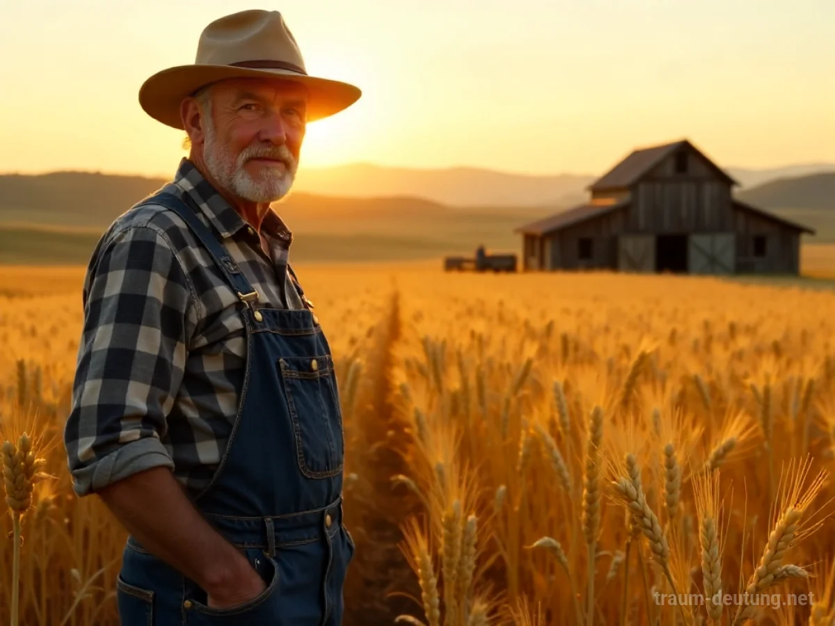 Traumdeutung Farmer: Ein wettergegerbter Farmer steht in einem goldenen Weizenfeld bei Sonnenaufgang, umgeben von reifen Ähren und ländlicher Idylle.