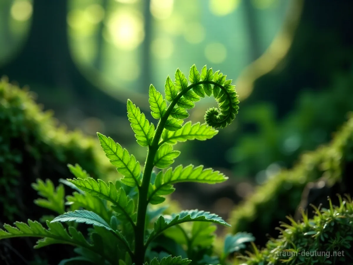 Traumsymbol Farn: Ein detailreicher, grüner Farn entfaltet sich im sanften Licht eines mystischen Waldes, bedeckt mit Tautropfen.