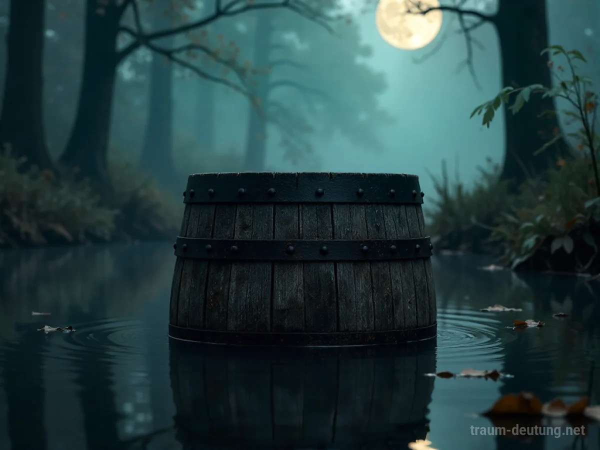 Traumsymbol Fass: Ein altes, von Eisenbändern umschlossenes Holzfass liegt halb versunken in dunklem Wasser unter mystischem Mondlicht.