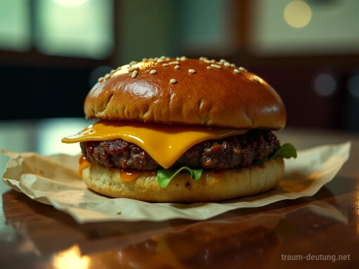 Traumsymbol Fastfood: Ein halb aufgegessener Hamburger liegt auf zerknülltem Papier auf einem schmutzigen Tisch, beleuchtet von warmem, gedämpftem Licht.
