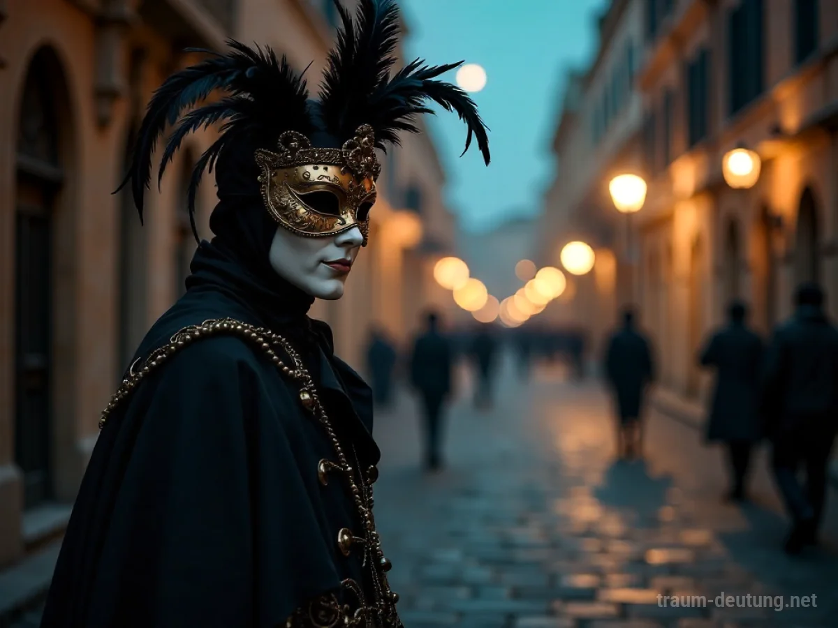 Traumdeutung Fastnacht: Eine einsame Gestalt mit einer venezianischen Maske steht in einer dunklen Gasse, beleuchtet von Mondlicht und fernen Lichtern.
