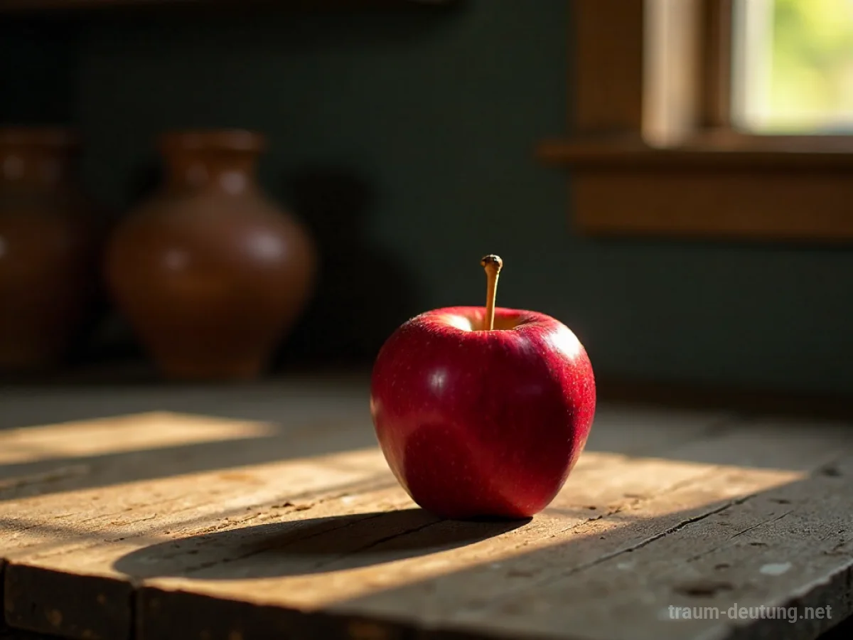 Traumsymbol Favorit: Ein einzelner, perfekt reifer roter Apfel liegt auf einem rustikalen Holztisch im Schein von warmem Sonnenlicht.