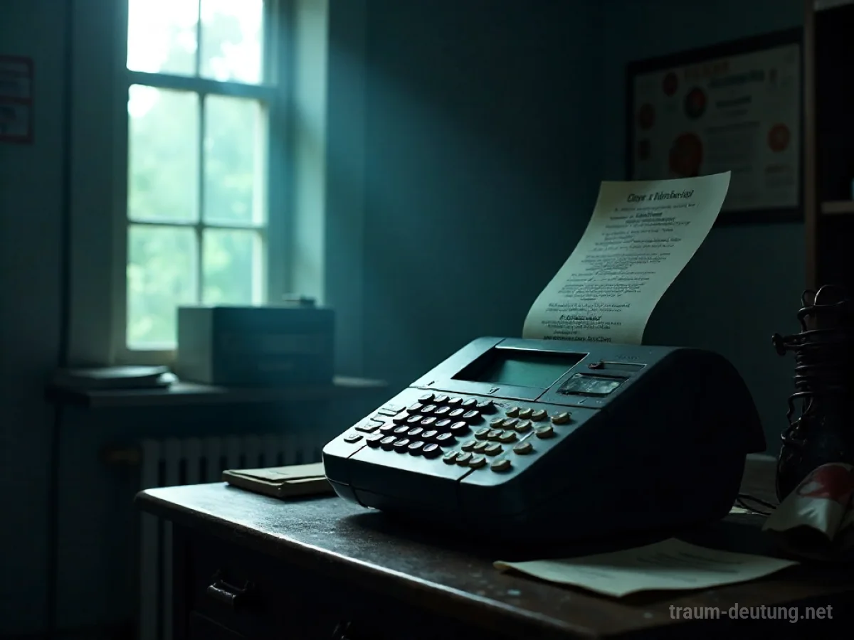 Traumdeutung Fax: Eine alte Faxmaschine in einem dunklen Büro, die ein Papier mit unleserlichem Text ausgibt, umgeben von Mondlicht.