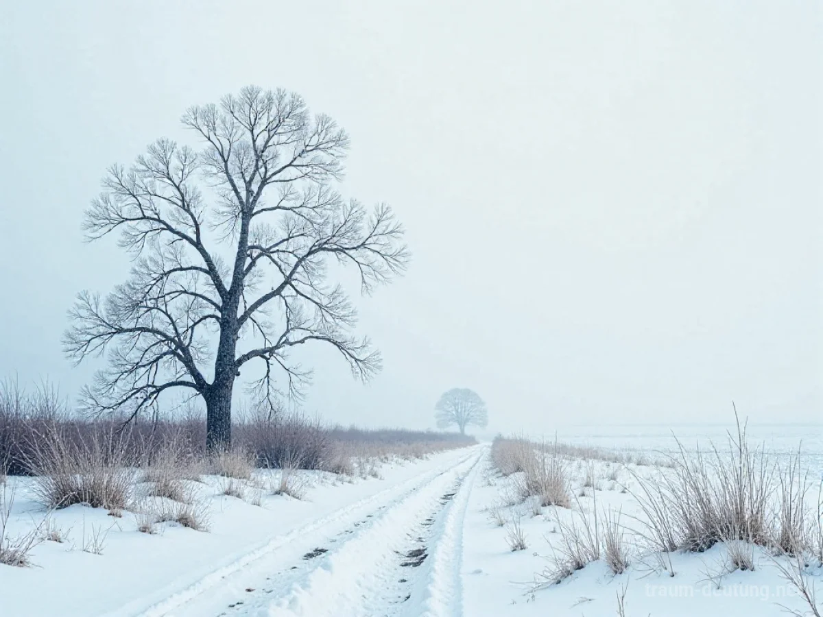Traumsymbol Februar: Eine karge, schneebedeckte Landschaft unter einem blassen Himmel, mit frostigen Bäumen und eisigem Wind.