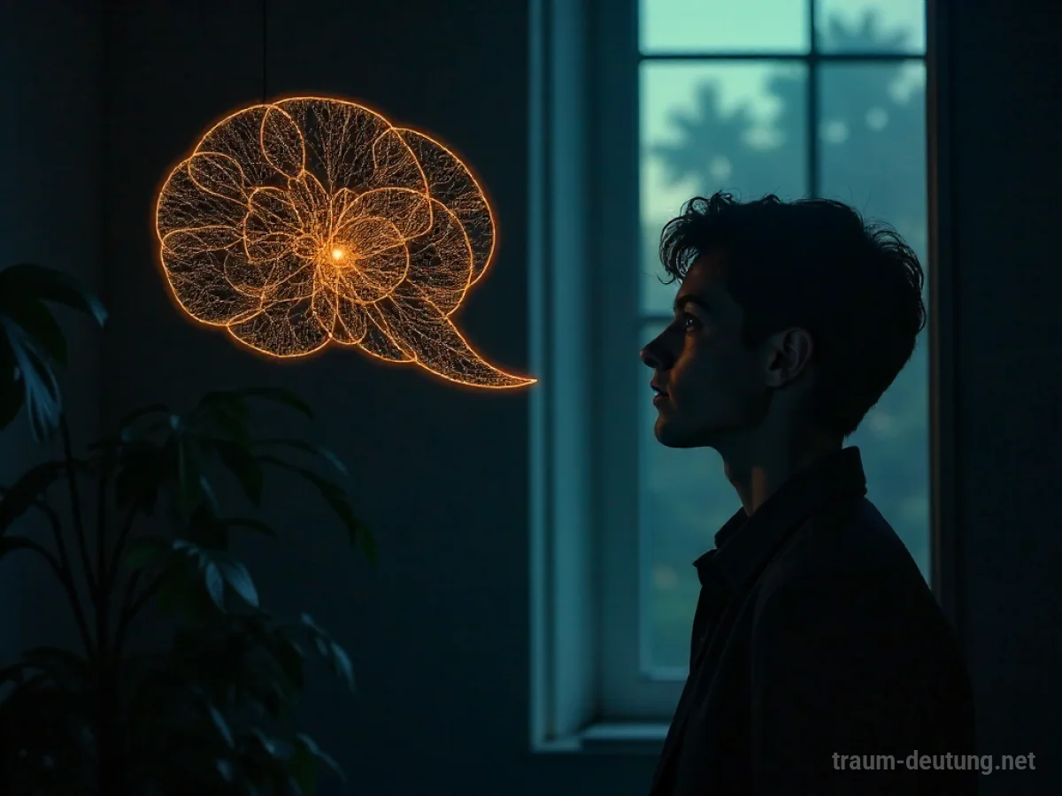 Traumdeutung Feedback: Eine leuchtende Sprechblase mit komplexen Mustern steigt aus einer dunklen Silhouette in einem reflektierenden Raum auf, was die innere Verarbeitung von Eindrücken symbolisiert.