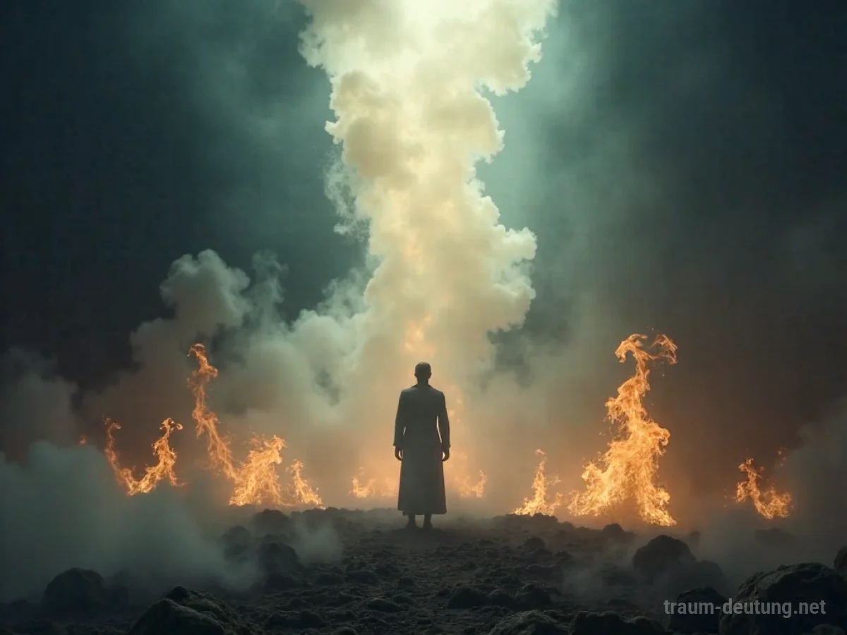 Traumdeutung Fegefeuer: Eine schemenhafte Figur steht in einem ätherischen Reich aus wirbelnden Flammen und Rauch, umgeben von gedämpftem Licht und einer introspektiven Atmosphäre.