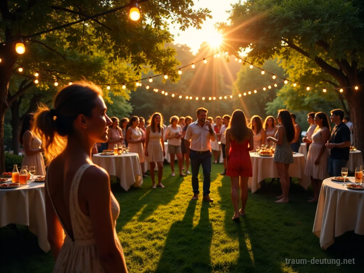 Traumsymbol Feier: Eine fröhliche Gartenparty bei Dämmerung mit lachenden Menschen, beleuchtet von Lichterketten und warmem Abendlicht.