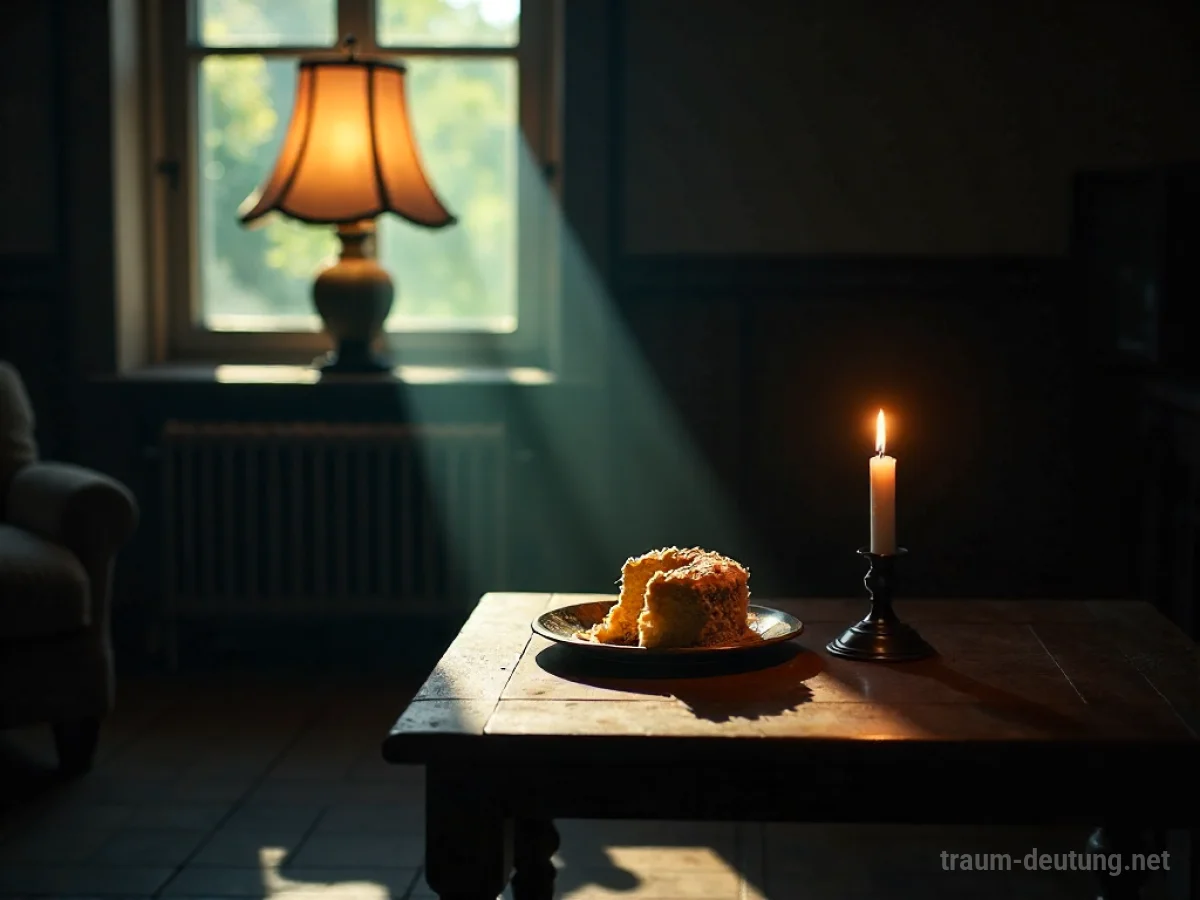 Traumsymbol Feiertag: Eine Kerze brennt auf einem Tisch neben Kuchen, umgeben von Schatten in einem gedämpften Licht.