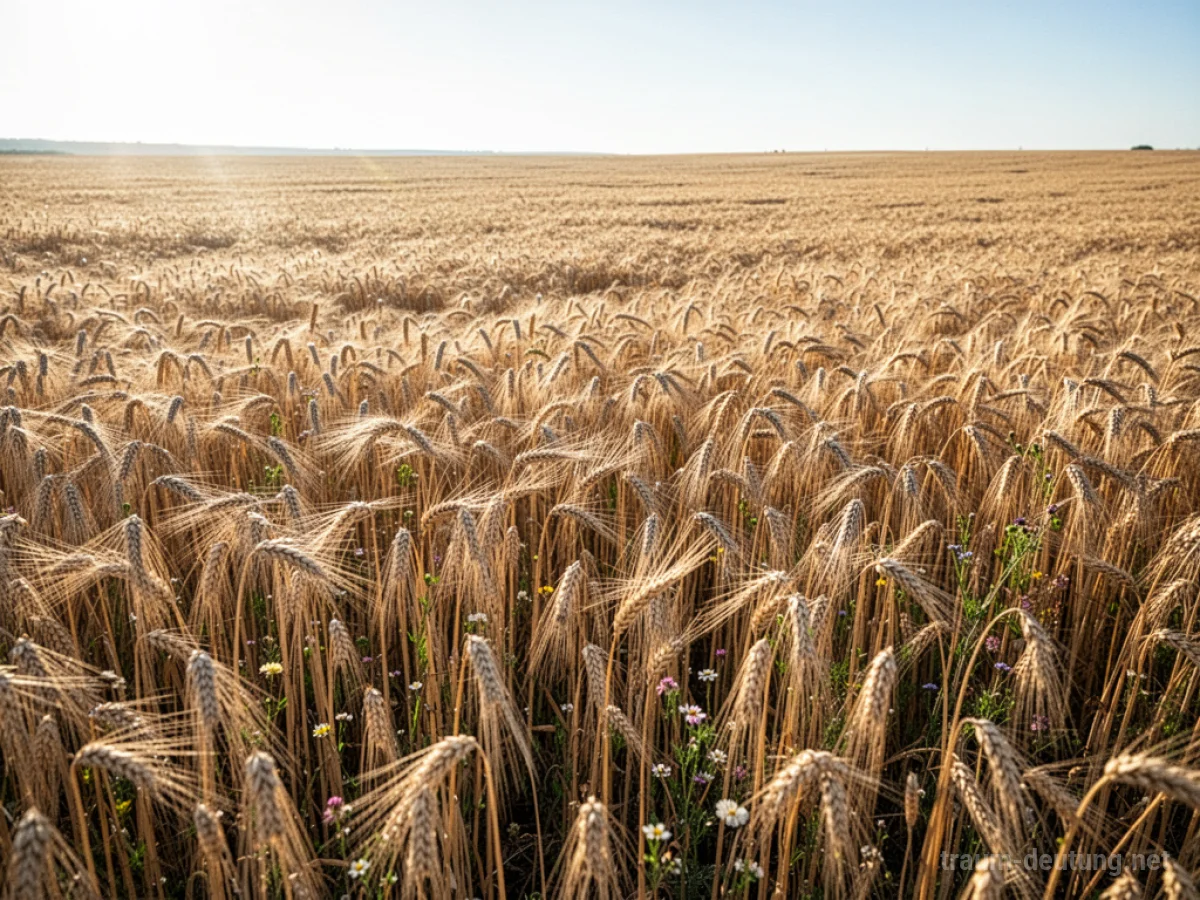Traumsymbol Feld: Ein weites, goldenes Weizenfeld unter strahlendem Mittagssonnenlicht, mit sanft im Wind wiegenden Halmen und vereinzelten kleinen Wildblumen.