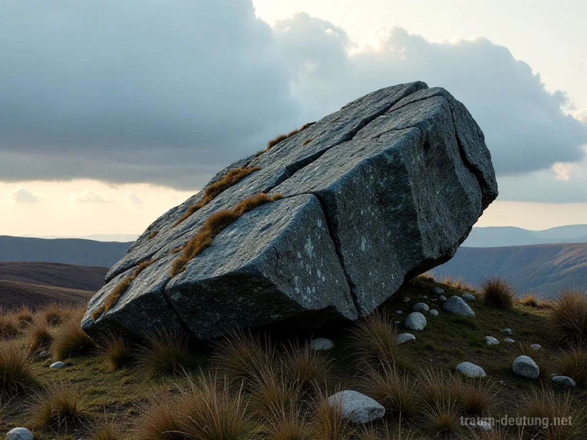 Traumsymbol Felsen: Ein einsamer, imposanter Granitfelsen liegt auf einer windgepeitschten, kargen Heide unter einem dramatischen Wolkenhimmel.