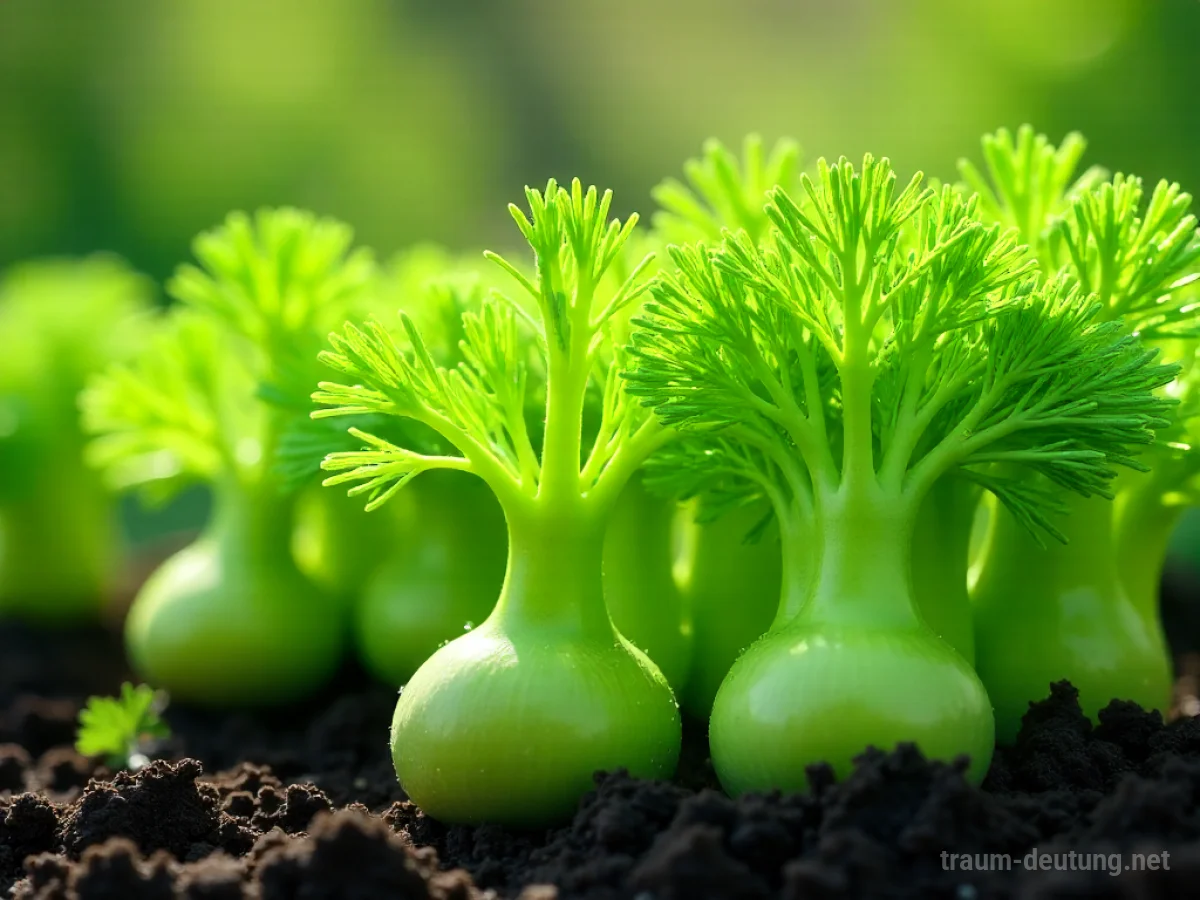 Traumsymbol Fenchel: Frische, grüne Fenchelpflanzen mit Tautropfen im sanften Morgenlicht auf dunkler Erde.