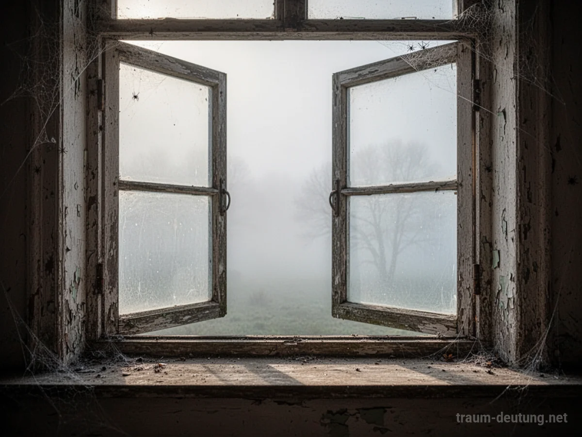 Traumsymbol Fenster: Ein leicht geöffneter, alter Holzfensterrahmen enthüllt eine neblige Landschaft im sanften Morgenlicht.