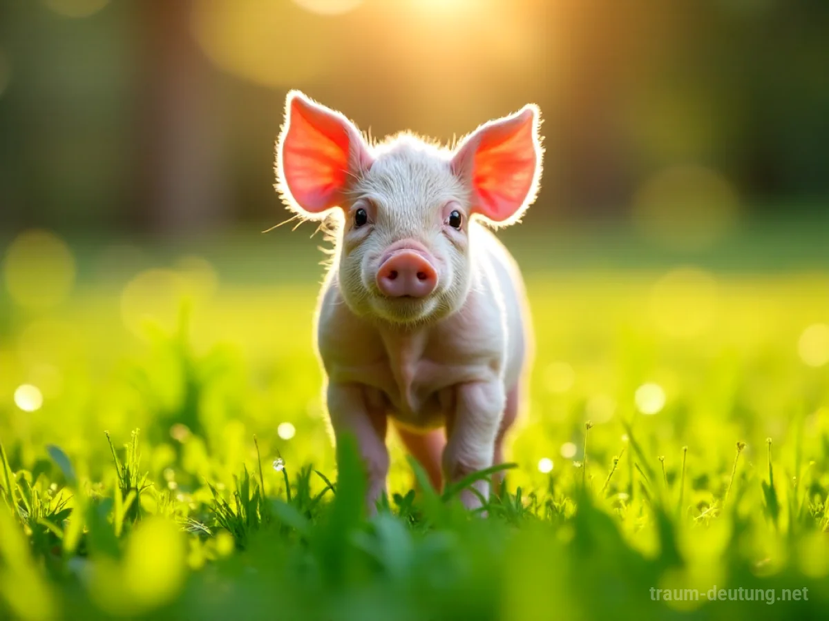 Traumsymbol Ferkel: Ein kleines, rosa Ferkel steht auf einer taufrischen, grünen Wiese im warmen Sonnenlicht.