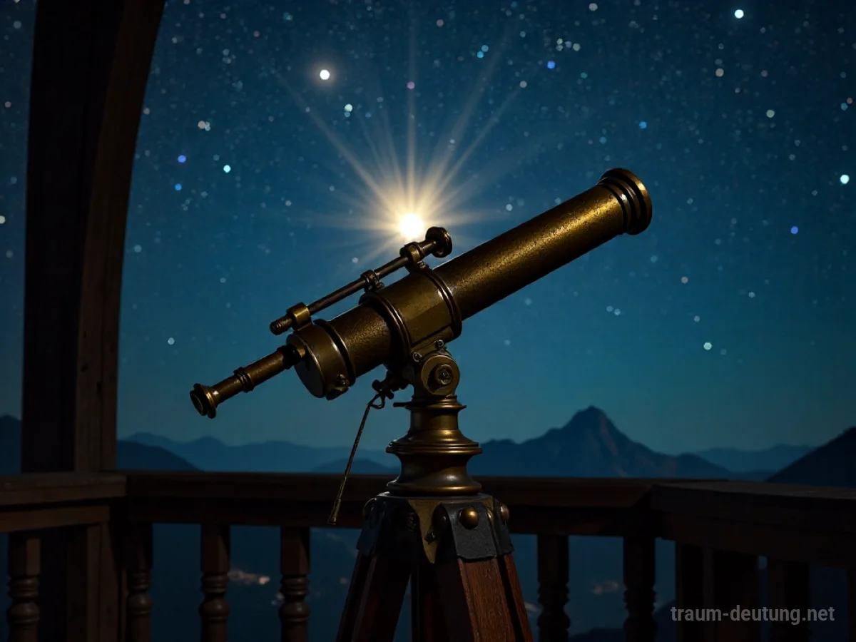 Traumsymbol Fernrohr: Ein antikes Messing-Fernrohr auf einem Holzstativ vor einem sternenklaren Nachthimmel, das Licht von Mond und Nebel reflektiert.