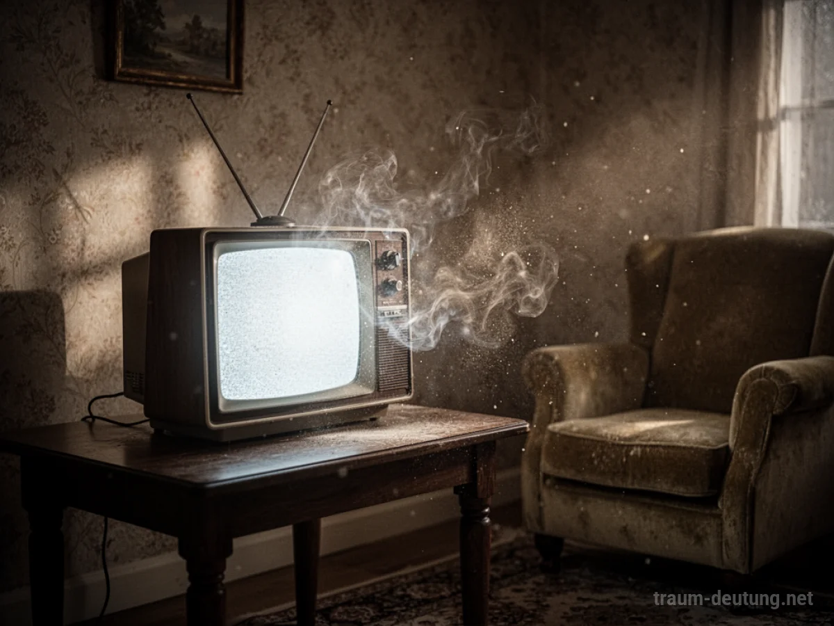Traumsymbol Fernsehen: Ein alter, leuchtender Fernseher steht in einem dämmrigen Raum und strahlt ein mystisches Licht aus.