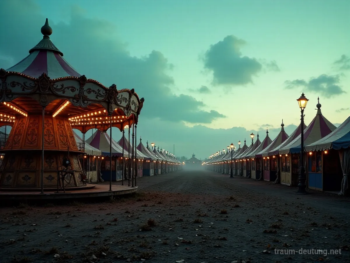 Traumsymbol Festplatz: Ein leerer, verlassener Jahrmarkt bei Dämmerung mit verblassenden Zelten und einem einsamen Karussell unter einem blassen Himmel.