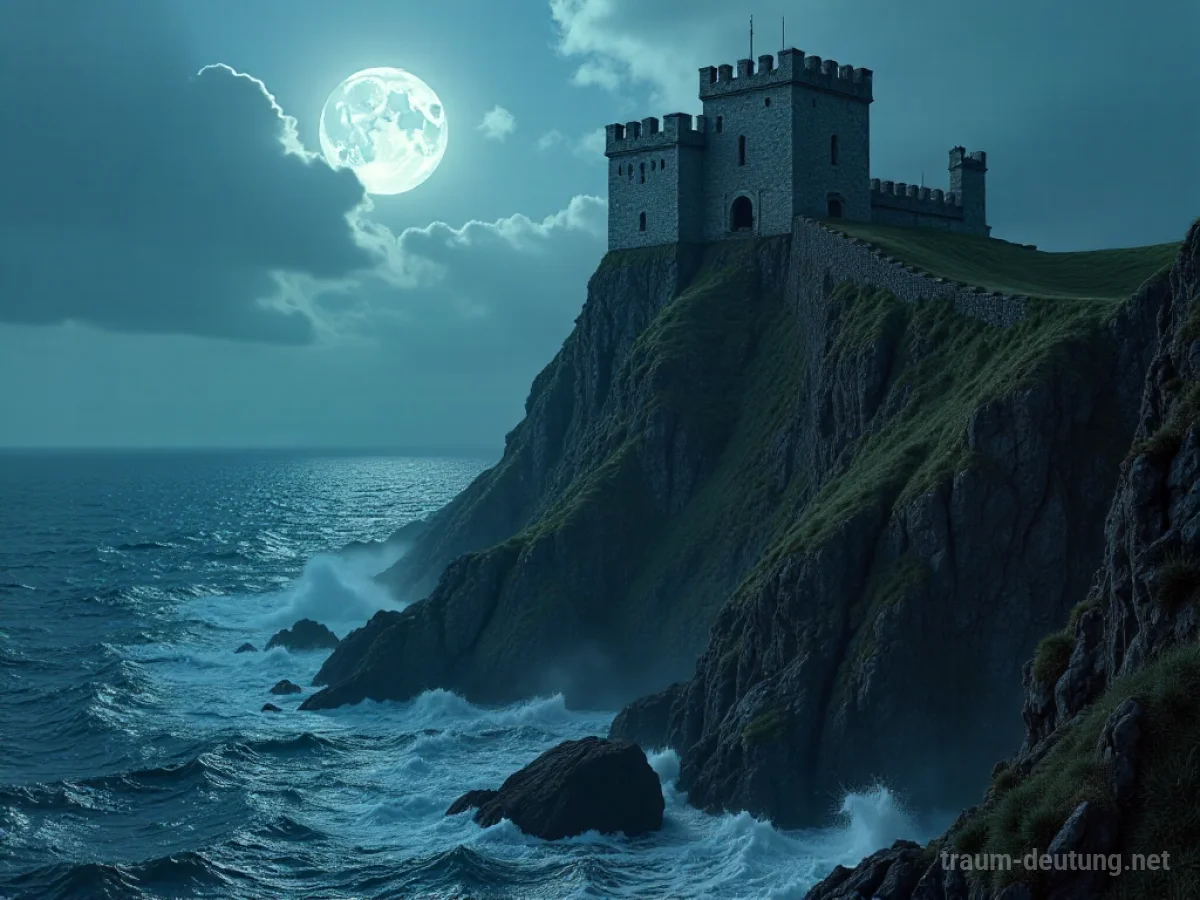 Traumsymbol Festung: Eine majestätische, alte Stein-Festung thront auf einer zerklüfteten Klippe über einem dunklen Meer, beleuchtet von dramatischem Mondlicht.