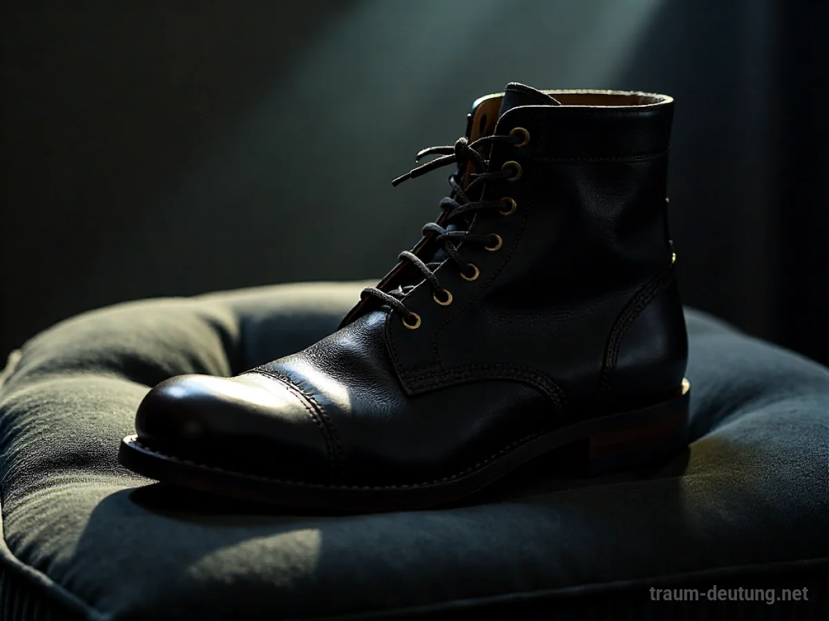 Traumsymbol Fetisch: Ein abgetragener Lederstiefel ruht auf einem dunklen Samtkissen im sanften Mondlicht.