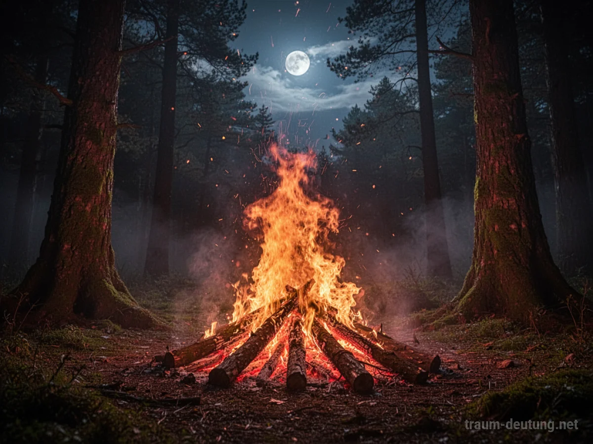 Traumdeutung Feuer: Ein loderndes Lagerfeuer knistert in einer nebelverhangenen Waldlichtung bei Nacht, umgeben von dunklen Bäumen im Schein der Flammen.
