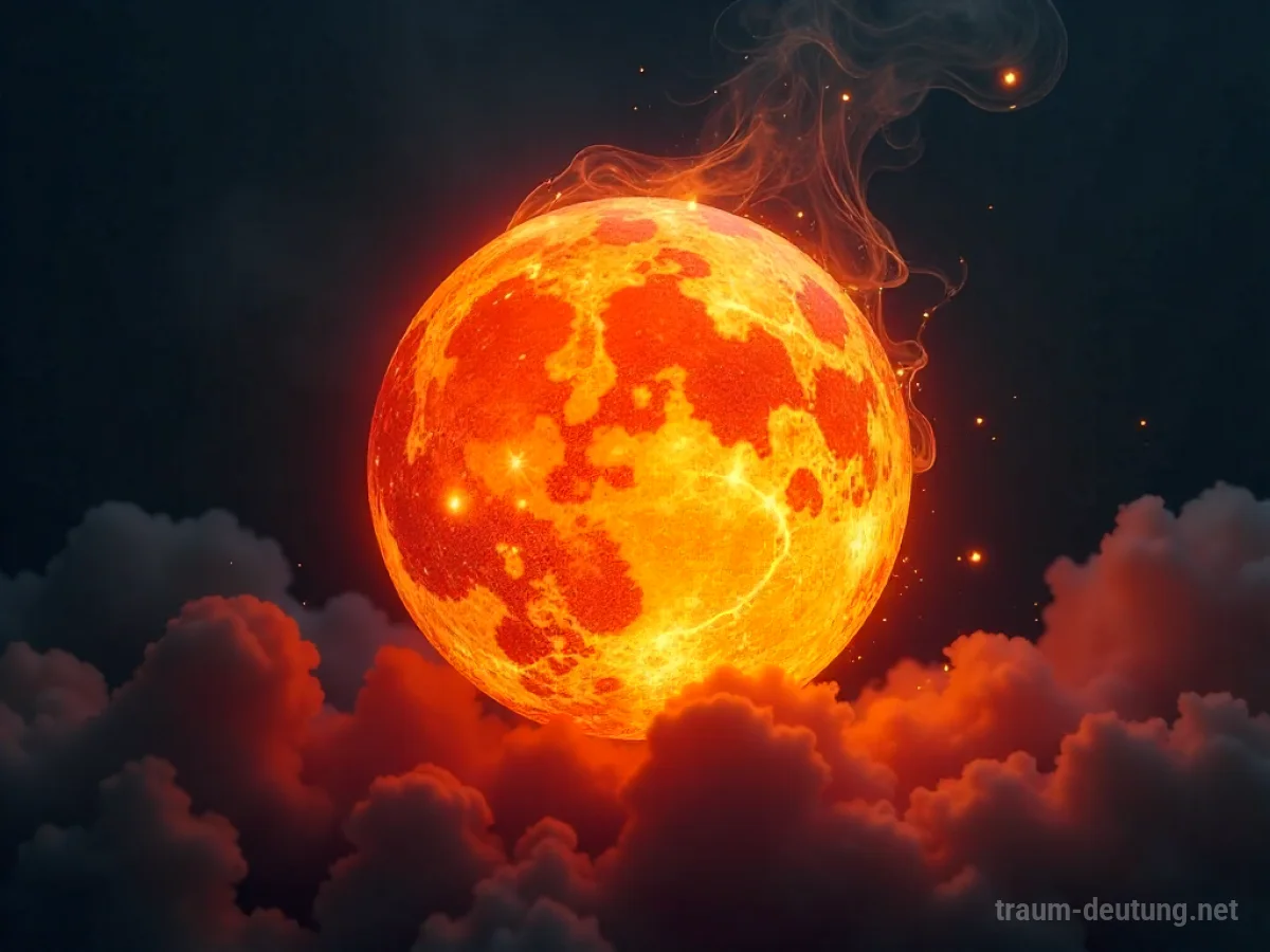 Traumsymbol Feuerball: Ein glühender, intensiver Feuerball schwebt bedrohlich in dunkler, rauchiger Leere, umgeben von orangenem Licht.