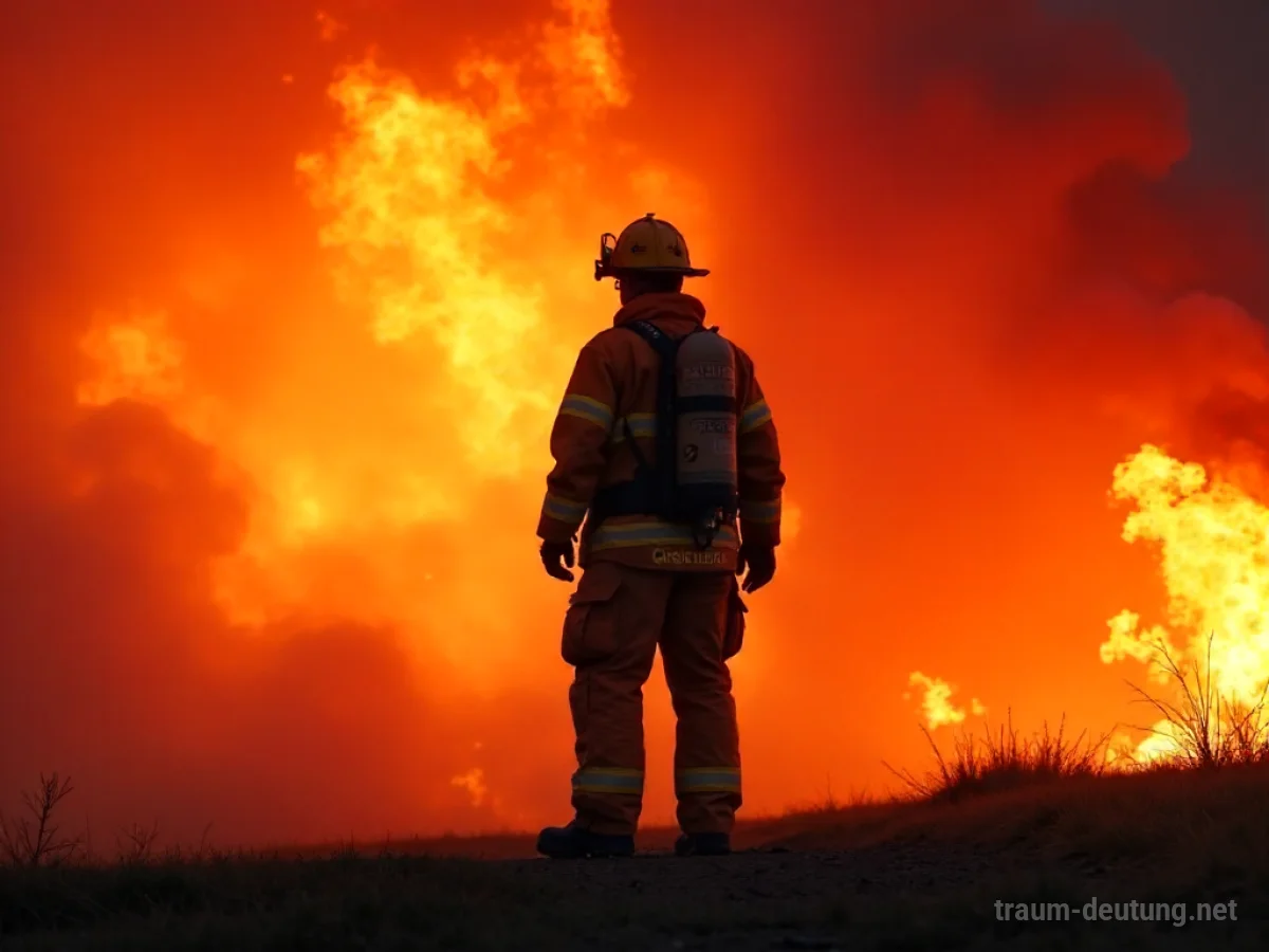 Traumdeutung Feuermann: Eine einsame, imposante Figur eines Feuerwehrmannes steht vor einem lodernden Inferno, umgeben von Rauch und dramatischem Feuerschein.
