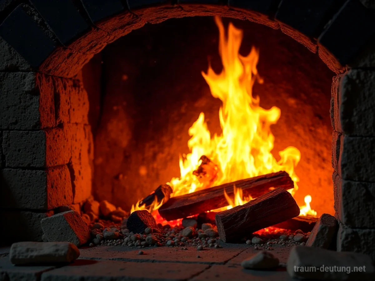 Traumsymbol Feuerung: Ein intensives, glühendes Feuer brennt in einem alten, rissigen Kamin, während Funken im Licht aufsteigen.