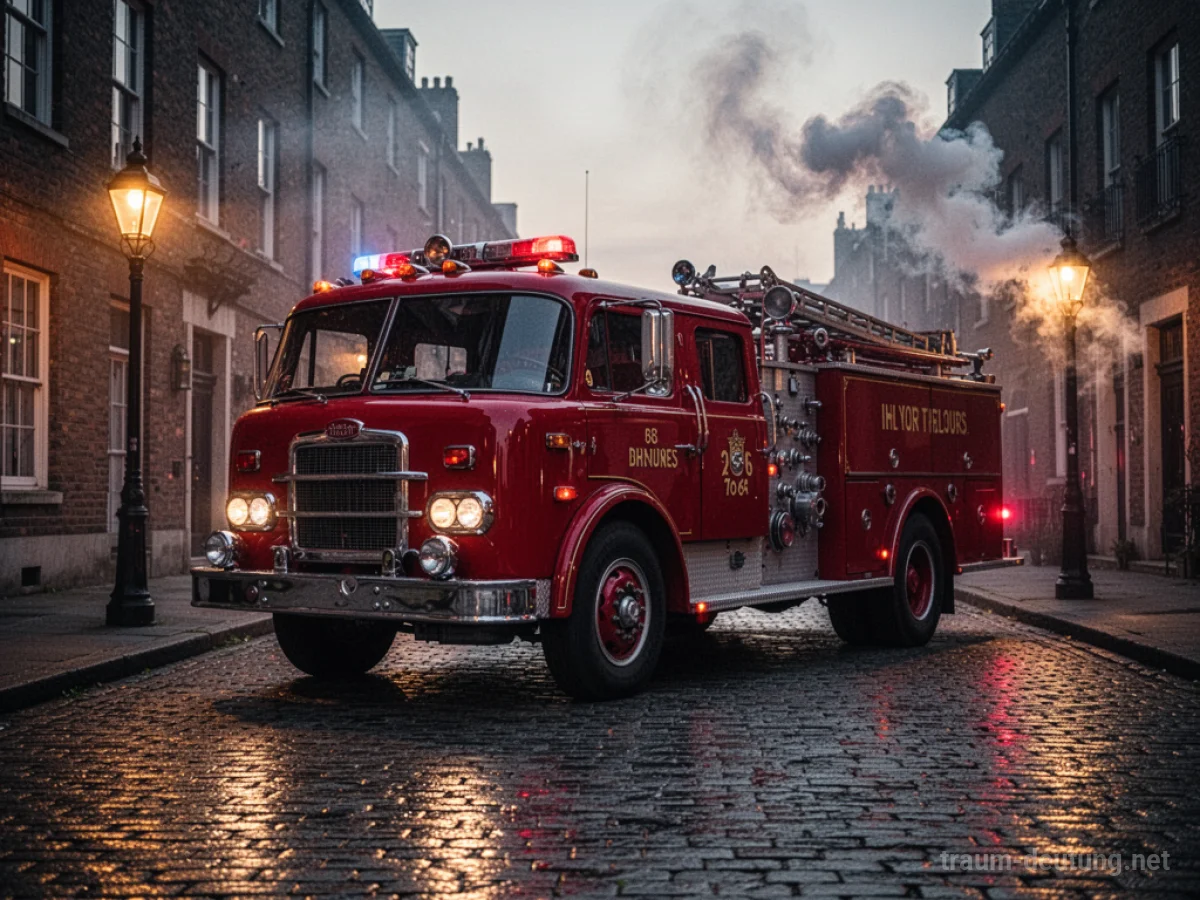 Traumdeutung Feuerwehr: Ein rotes Feuerwehrauto steht auf einer kopfsteingepflasterten Straße im Zwielicht, Rauch steigt auf.