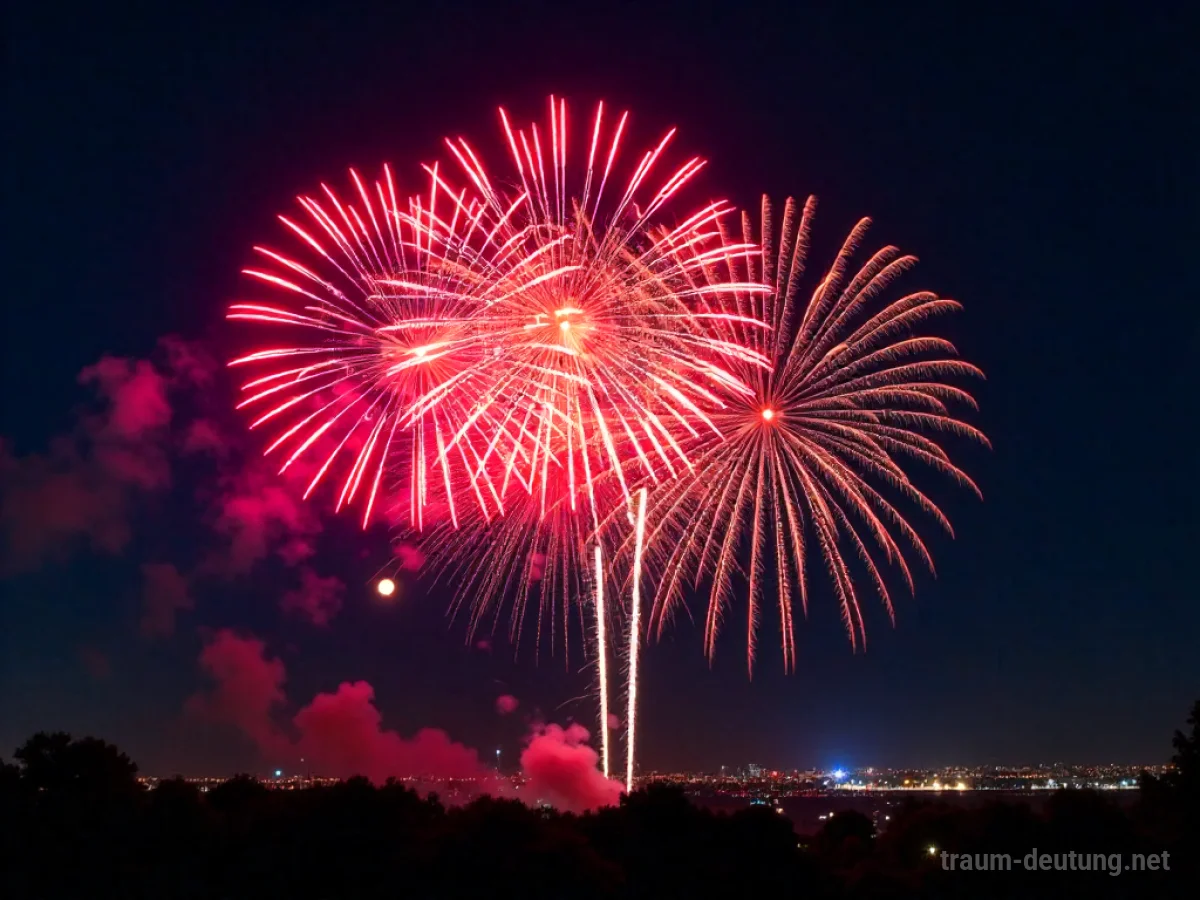 Traumsymbol Feuerwerk: Ein spektakuläres Feuerwerk mit roten, goldenen und blauen Explosionen erhellt den dunklen Nachthimmel über einer Silhouette einer Stadt, mit spärlichen Rauchfahnen und Mondlicht.