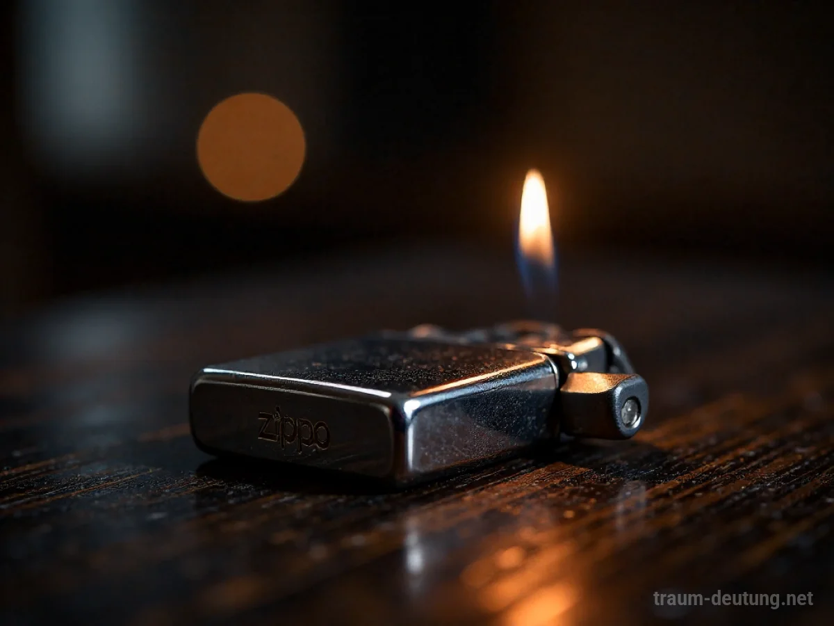 Traumdeutung Feuerzeug: Ein antikes Zippo-Feuerzeug auf einem dunklen Holztisch, dessen Flamme ein warmes Licht wirft.