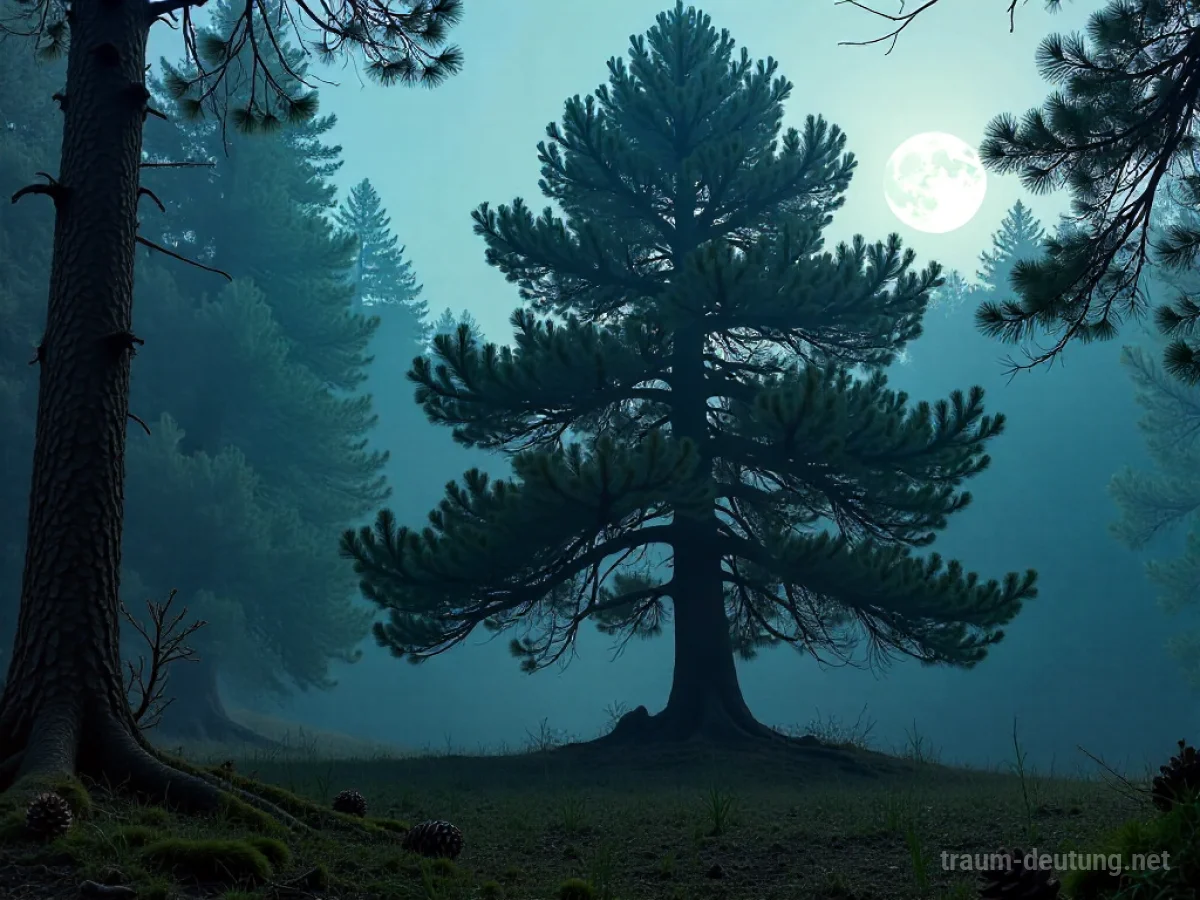 Traumsymbol Fichte: Ein majestätischer, alter Fichtenbaum steht in einer nebligen, mondbeschienenen Waldlichtung mit glitzernden Tautropfen auf seinen Nadeln.