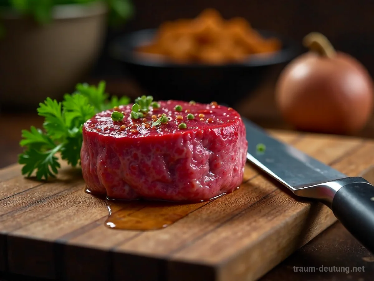 Traumsymbol Filet: Ein perfekt gegartes, glänzendes Rinderfilet liegt auf einem rustikalen Holzbrett, daneben ein scharfes Messer im warmen Küchenlicht.