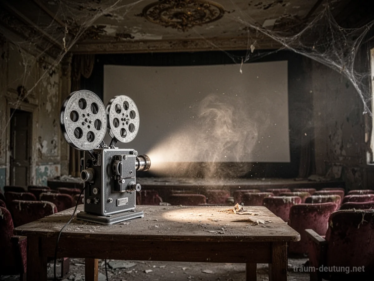 Traumsymbol Film: Ein alter Filmprojektor wirft einen Lichtstrahl in einem verlassenen Kino auf eine leere Leinwand, umgeben von Staub und Spinnweben.
