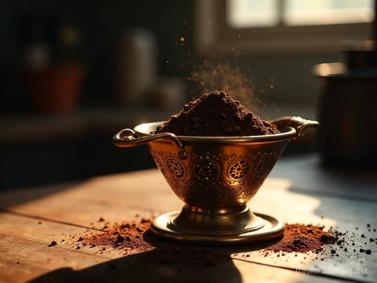 Traumsymbol Filter: Ein detaillierter Nahaufnahme eines antiken Messing-Kaffeefilters gefüllt mit Kaffeebohnen, beleuchtet von einem warmen Scheinwerfer.