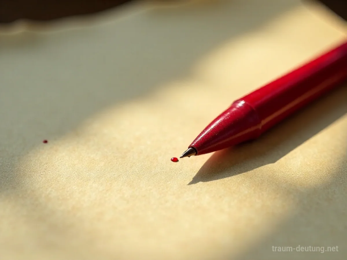 Traumsymbol Filzstift: Ein einzelner, leuchtend roter Filzstift liegt auf vergilbtem Pergamentpapier, beleuchtet von weichem Tageslicht, mit leicht abgenutzter Spitze.