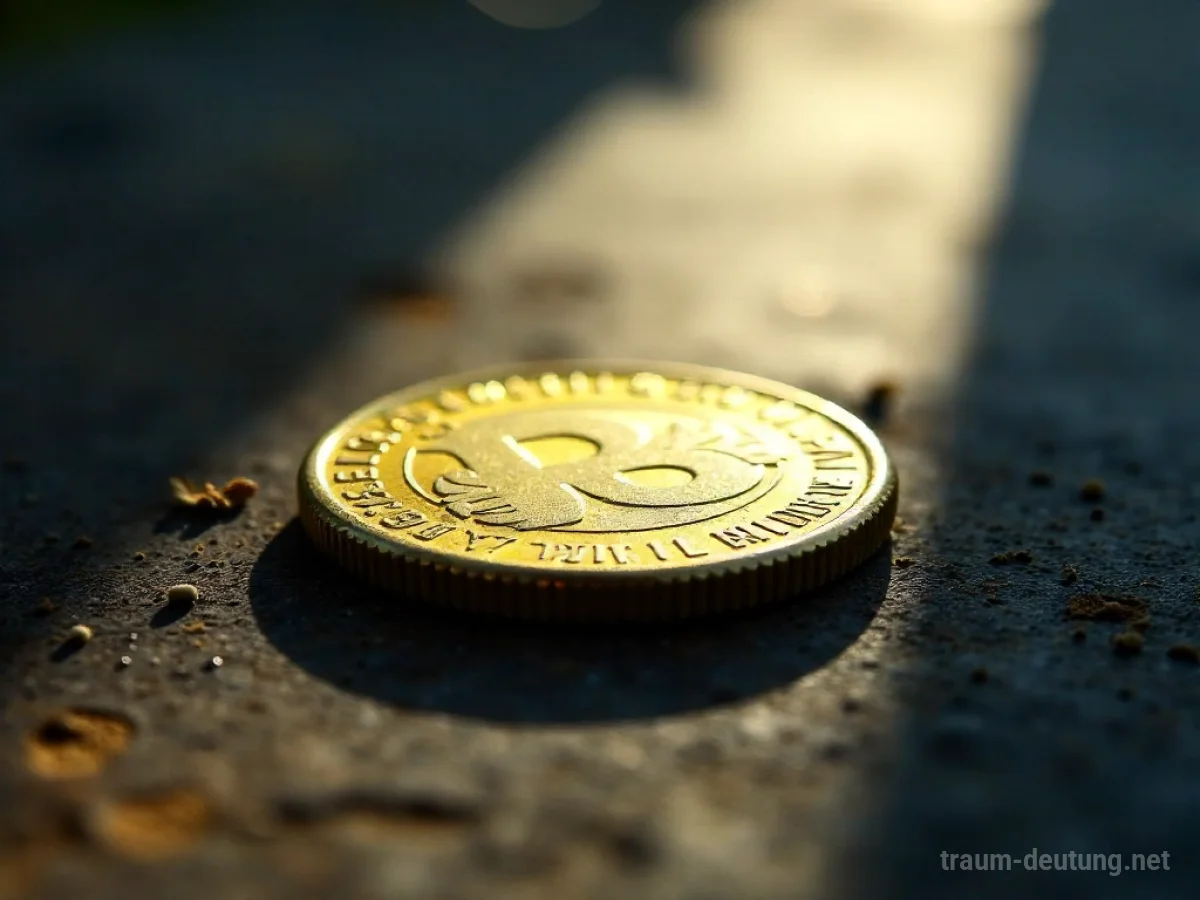 Traumsymbol Finanzen: Eine einzelne, angelaufene Goldmünze liegt auf dunklem Holz, beleuchtet von einem einzelnen Lichtstrahl.