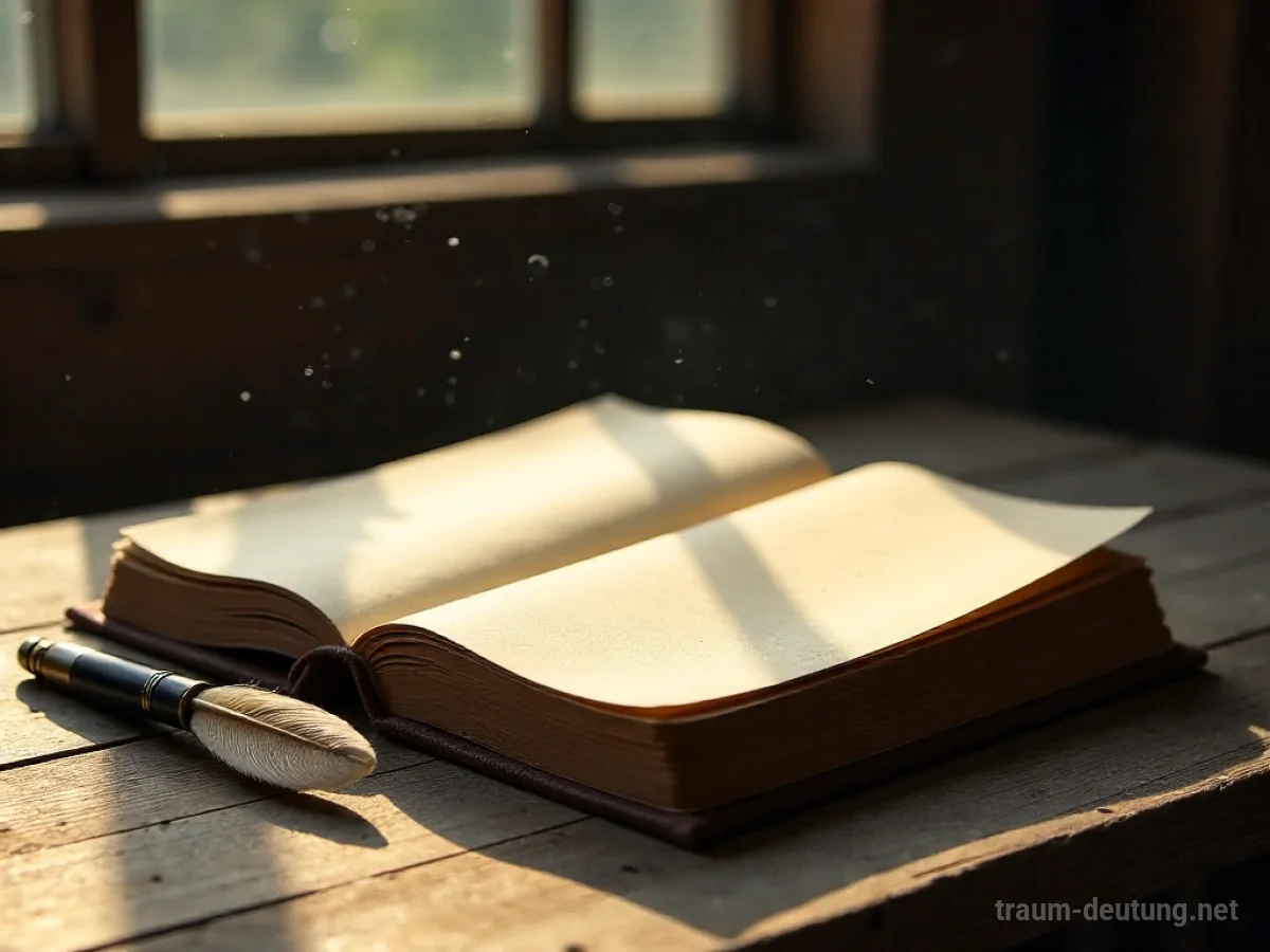 Traumsymbol Finden: Ein offenes, altes Lederbuch liegt auf einem Holztisch im Sonnenlicht, daneben eine Feder. Die Szene strahlt Ruhe und Introspektion aus.