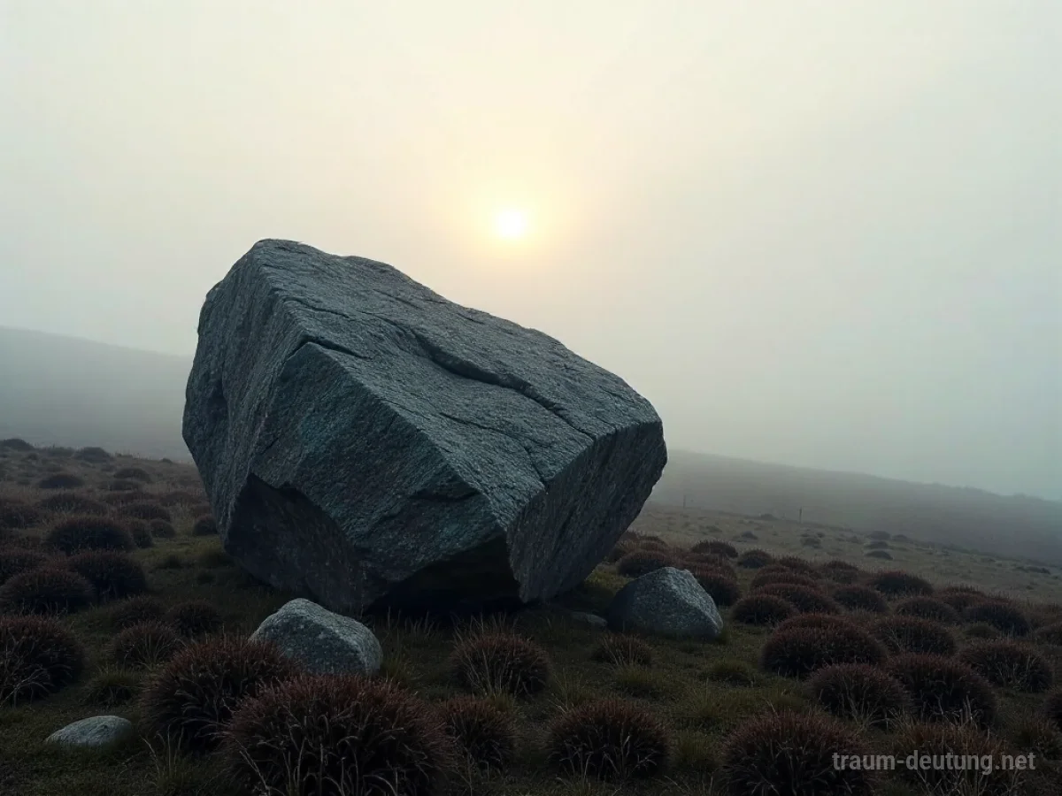 Traumsymbol Findling: Ein massiver, verwitterter Findling liegt allein in einer nebligen Moorlandschaft im diffusen Licht der Morgendämmerung.