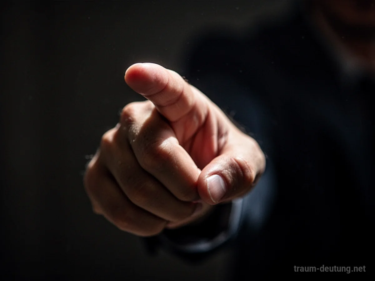 Traumdeutung Finger: Ein einzelner menschlicher Zeigefinger richtet sich entschlossen nach vorne, beleuchtet von weichem Licht vor einem dunklen Hintergrund.