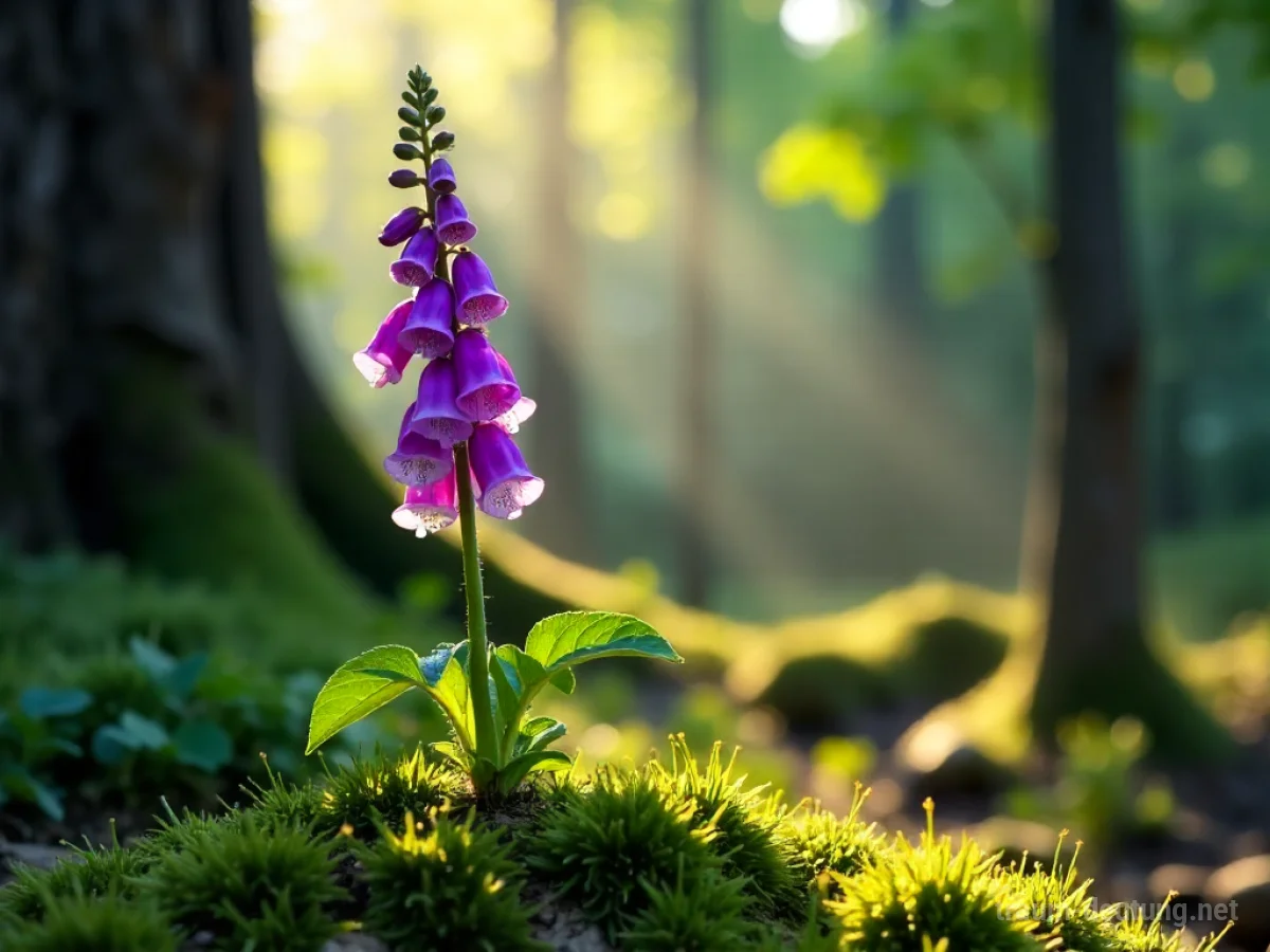 Traumsymbol Fingerhut: Eine einzelne, leuchtend lila Fingerhut-Blume steht in einer sonnenbeschienenen Waldlichtung, umgeben von Moos und alten Bäumen.
