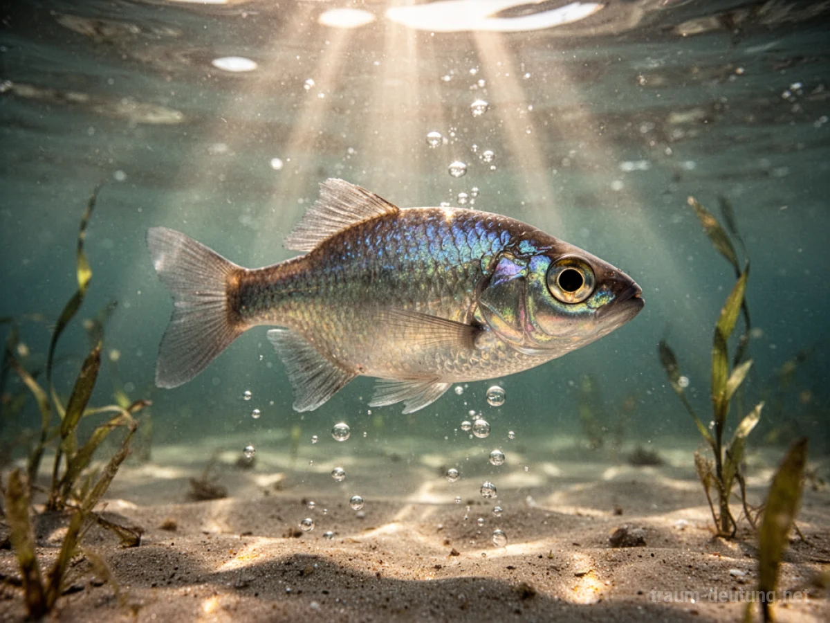 Traumsymbol Fisch: Ein schillernder Fisch mit irisierenden Schuppen schwimmt in klarem Wasser, beleuchtet von Sonnenstrahlen, die durch die Oberfläche dringen.