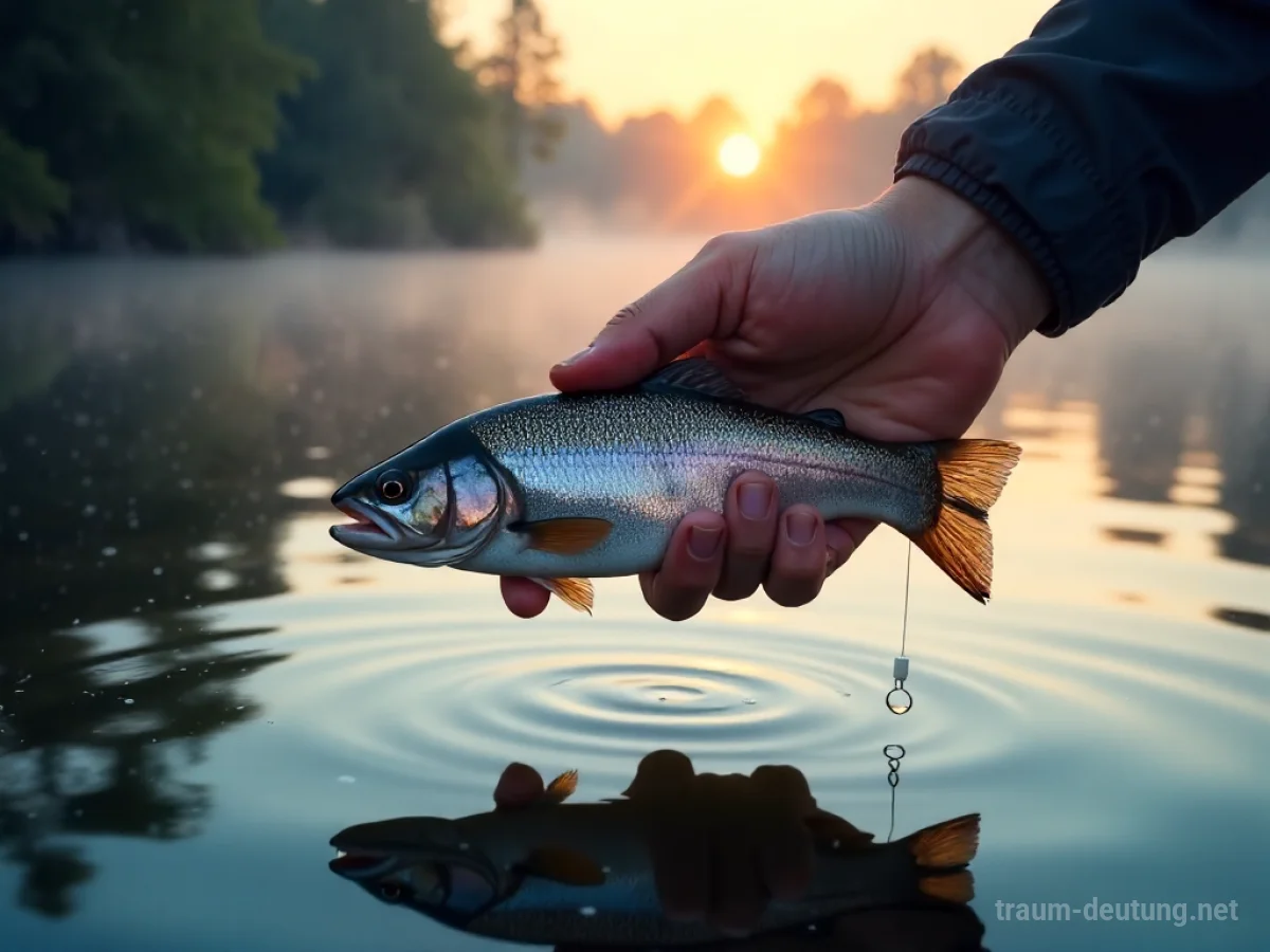 Traumsymbol Fischen: Hände halten vorsichtig einen schillernden Fisch über einem ruhigen, dunklen See im Morgengrauen, mit sanften Sonnenstrahlen und Nebel.